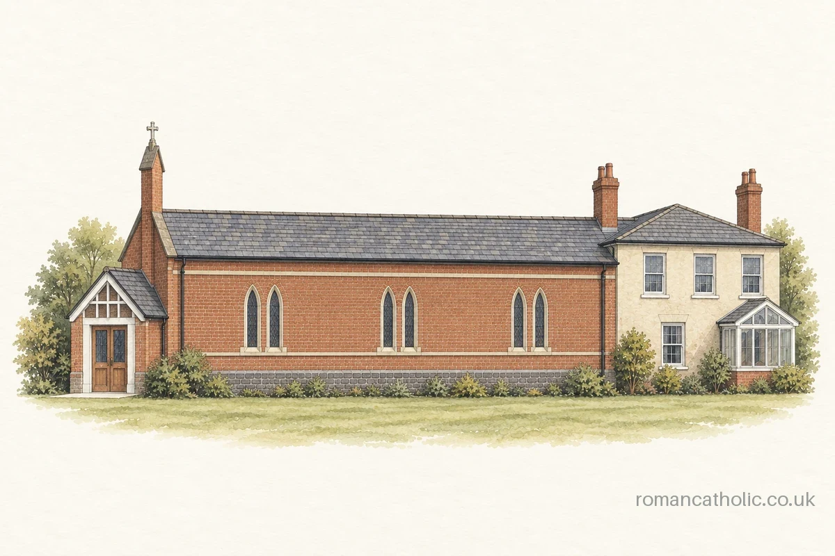 Architectural illustration of All Saints Catholic Church in Ashbourne, with six lancet windows and its slender brick bellcote.