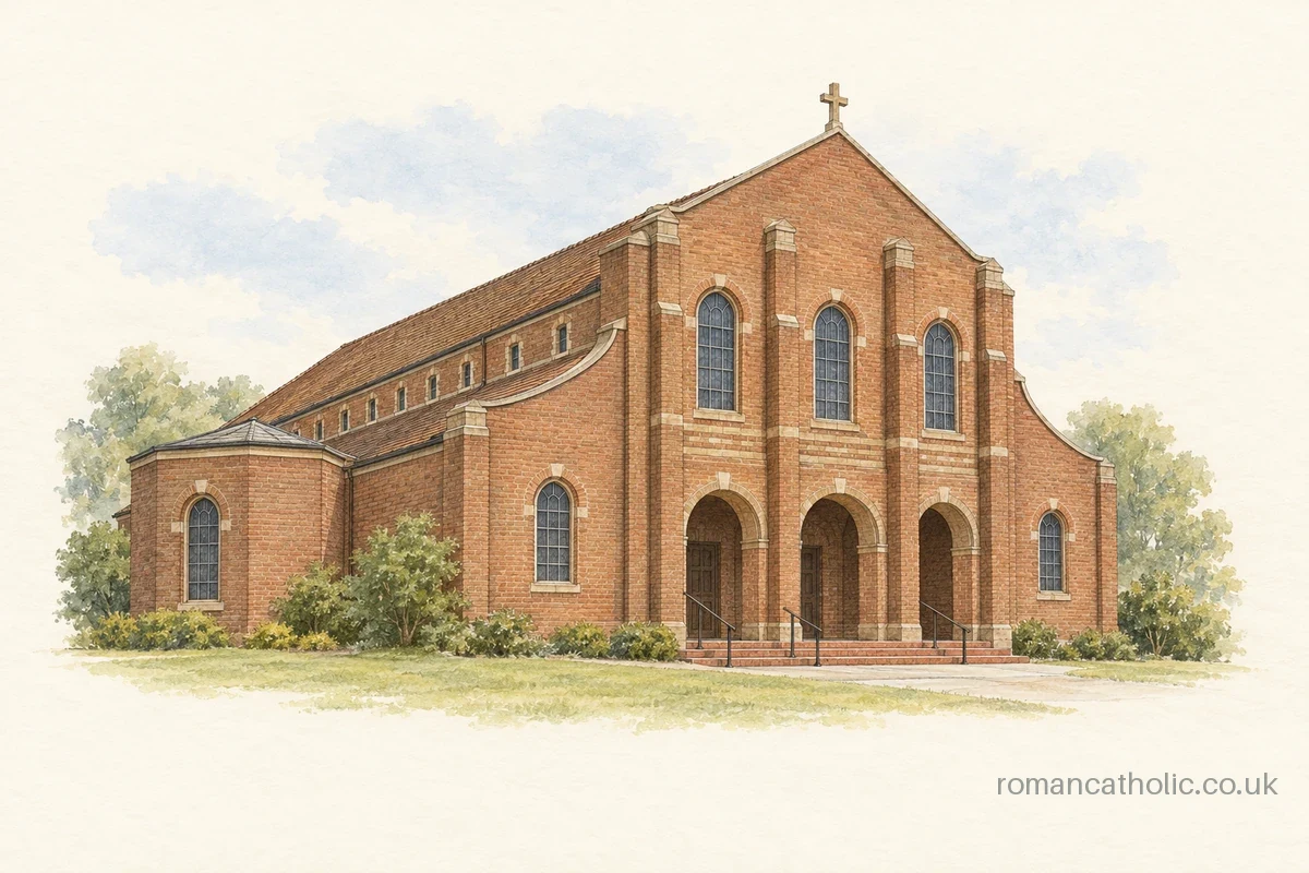 Watercolour and ink illustration of All Saints Catholic Church in Bletchley, showing three arched entrances beneath a tall brick gable.