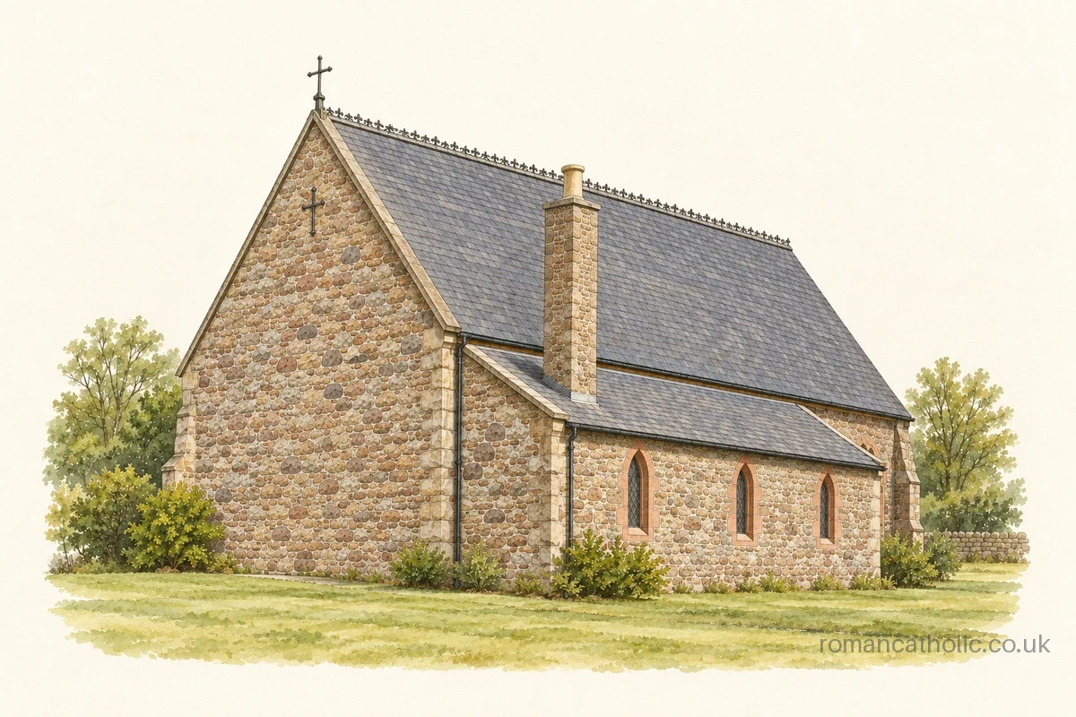 Illustration of All Saints in Inveraray, the Catholic Mass station, showing its small stone church, steep slate roof and low lean-to vestry.