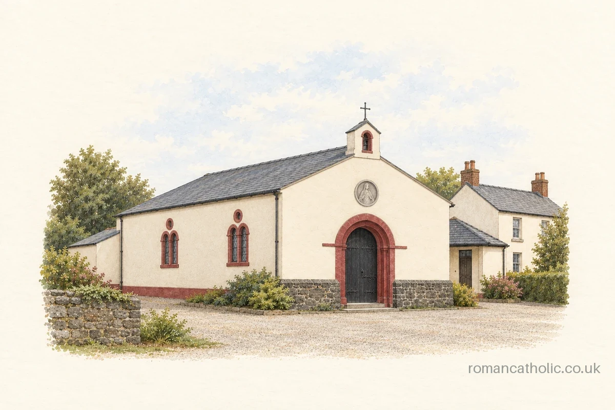 Architectural illustration of the Catholic Church of Our Lady of the Assumption and St Therese in Presteigne, with its cream front and small bellcote.