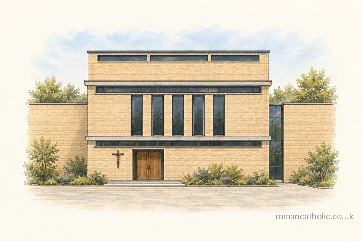 Architectural illustration of Blackfriars Priory in Cambridge, showing its modern brick chapel wing.