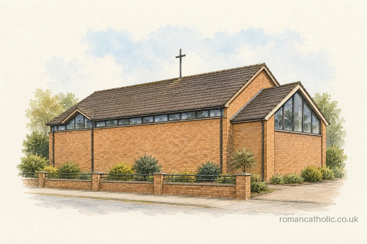 Illustration of Blessed English Martyrs, Haydock, with dark tiled gables and clerestory glazing.