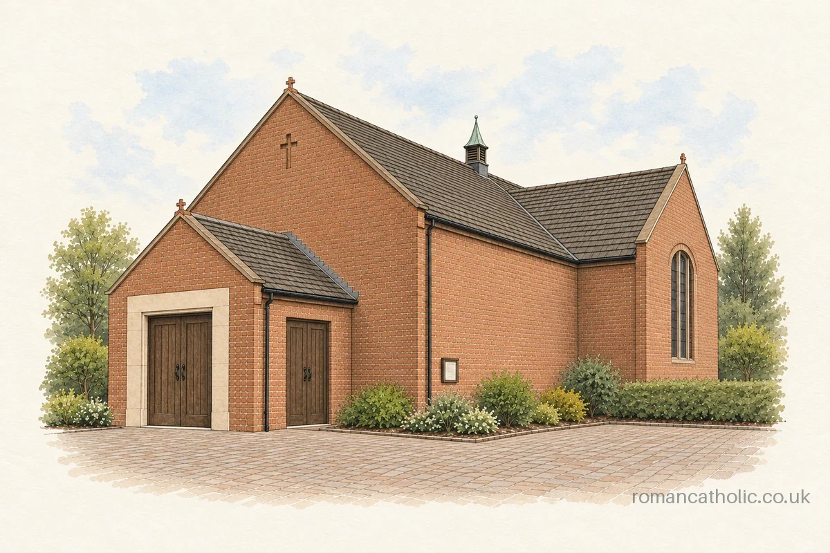 Blessed English Martyrs in Mexborough, a compact brick church with gabled porch and small green spirelet.
