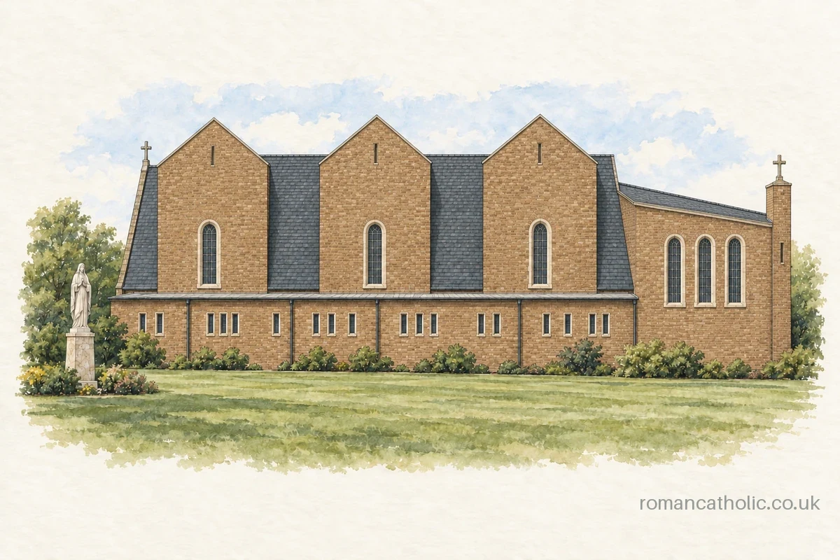 Large brick church with three tall gabled roof projections and arched windows, viewed across a lawn.