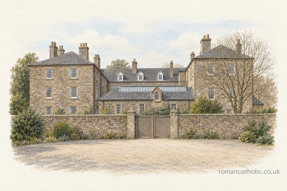 Illustration of the Carmelite Convent in Dysart, with connected stone house ranges, slate roofs and tall chimneys behind a boundary wall.