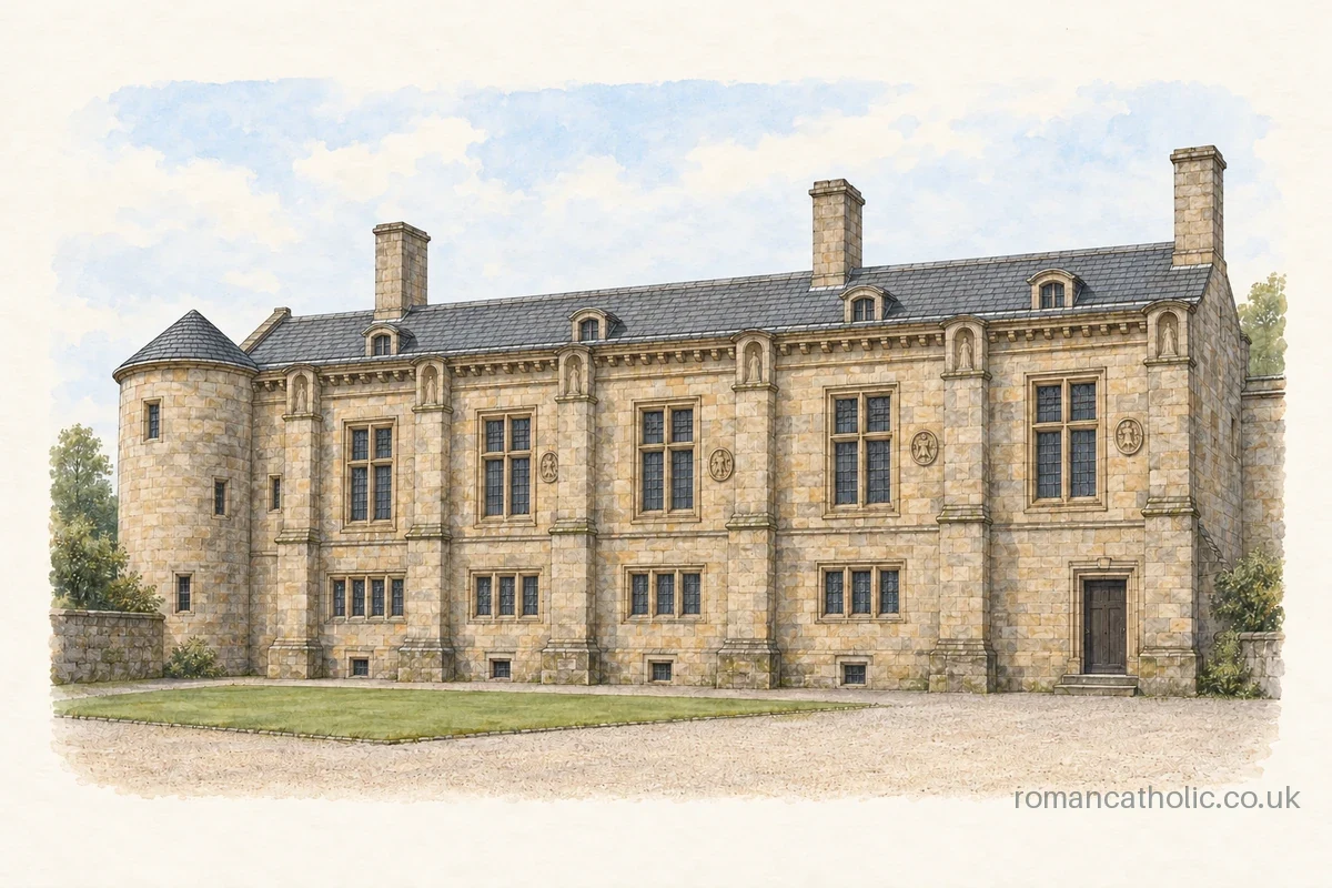 Illustration of the Chapel Royal in the stone south range of Falkland Palace, seen from the courtyard.