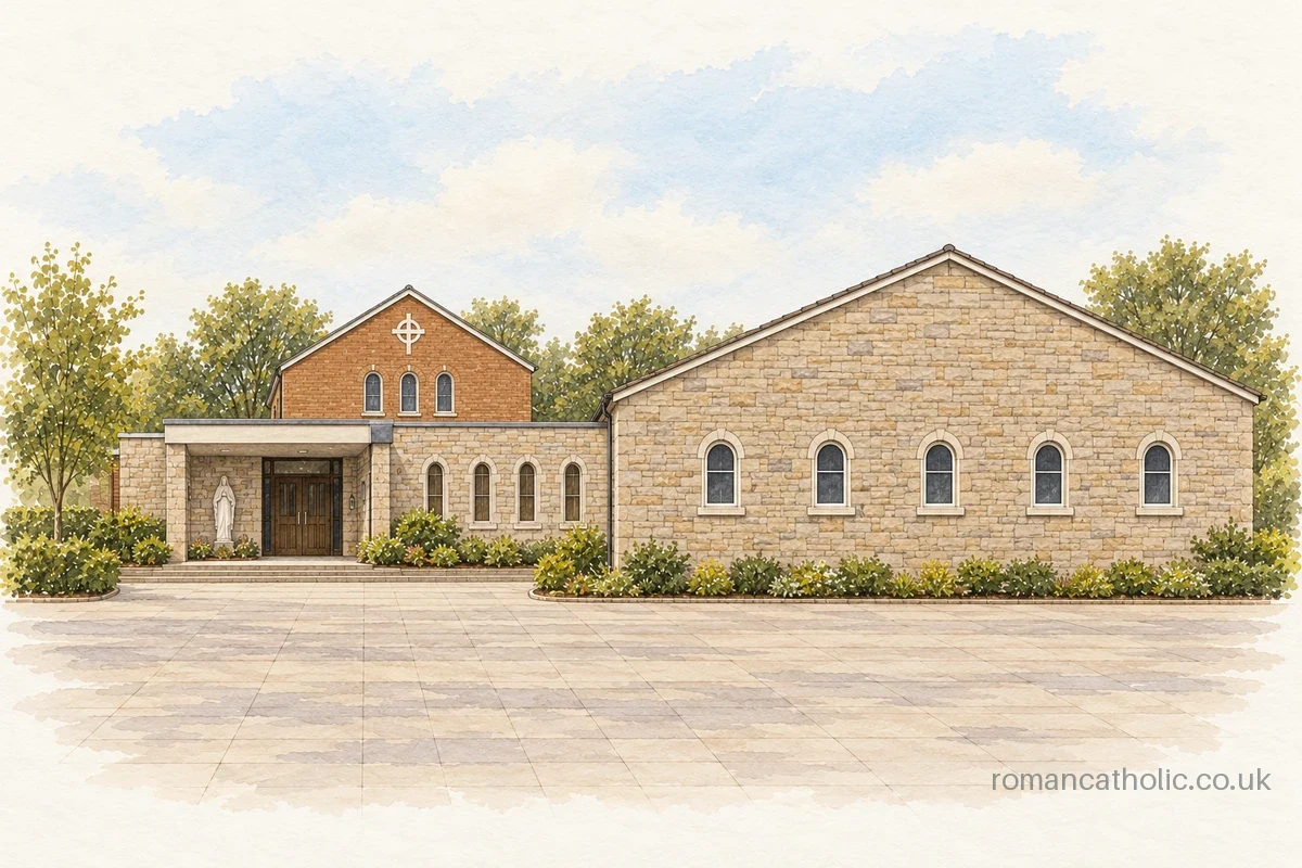 Christ the King in Alfreton, with its low stone-faced entrance and neighbouring hall.