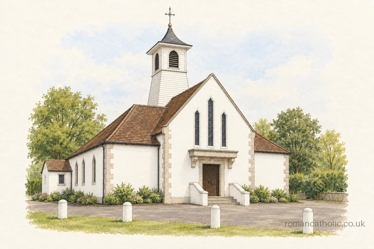 White church and slender capped tower of Christ the King in Bagshot.