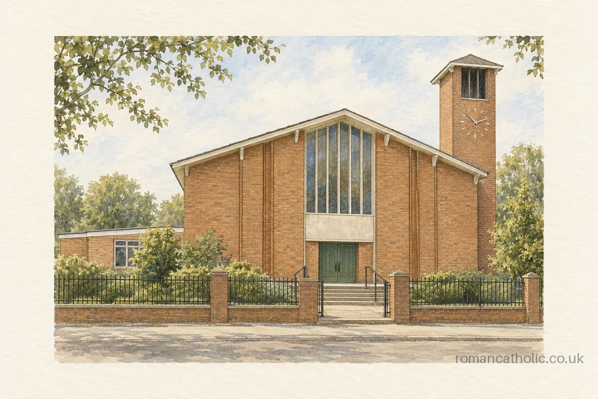 Brick church with five tall front window lights and a slender square clock tower.