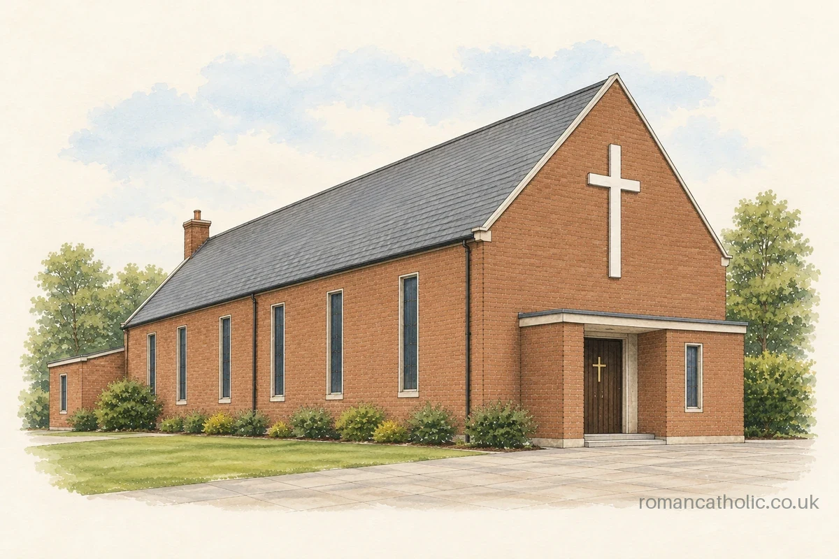 Illustration of Christ the King, Carlisle, with a steep roof and large white gable cross.