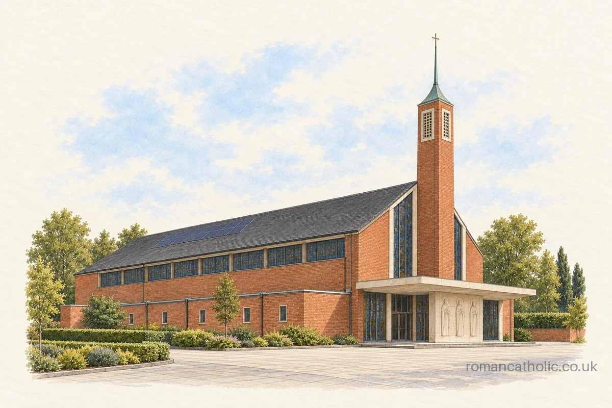 Illustration of Christ the King in Kings Park, with a long red brick nave and tall green-capped bell tower.