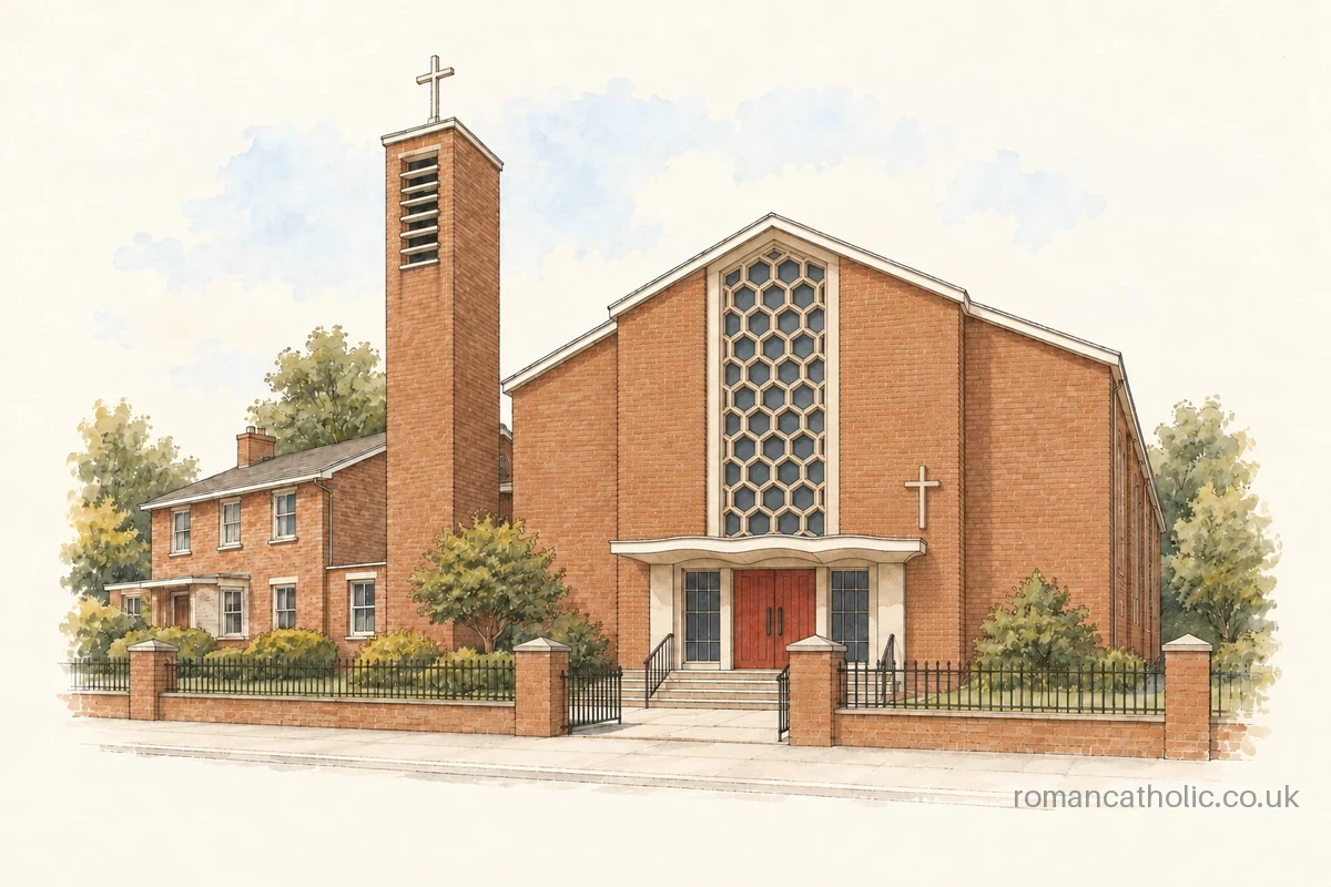 Christ the King, Kinson, with its honeycomb front window and narrow brick tower.