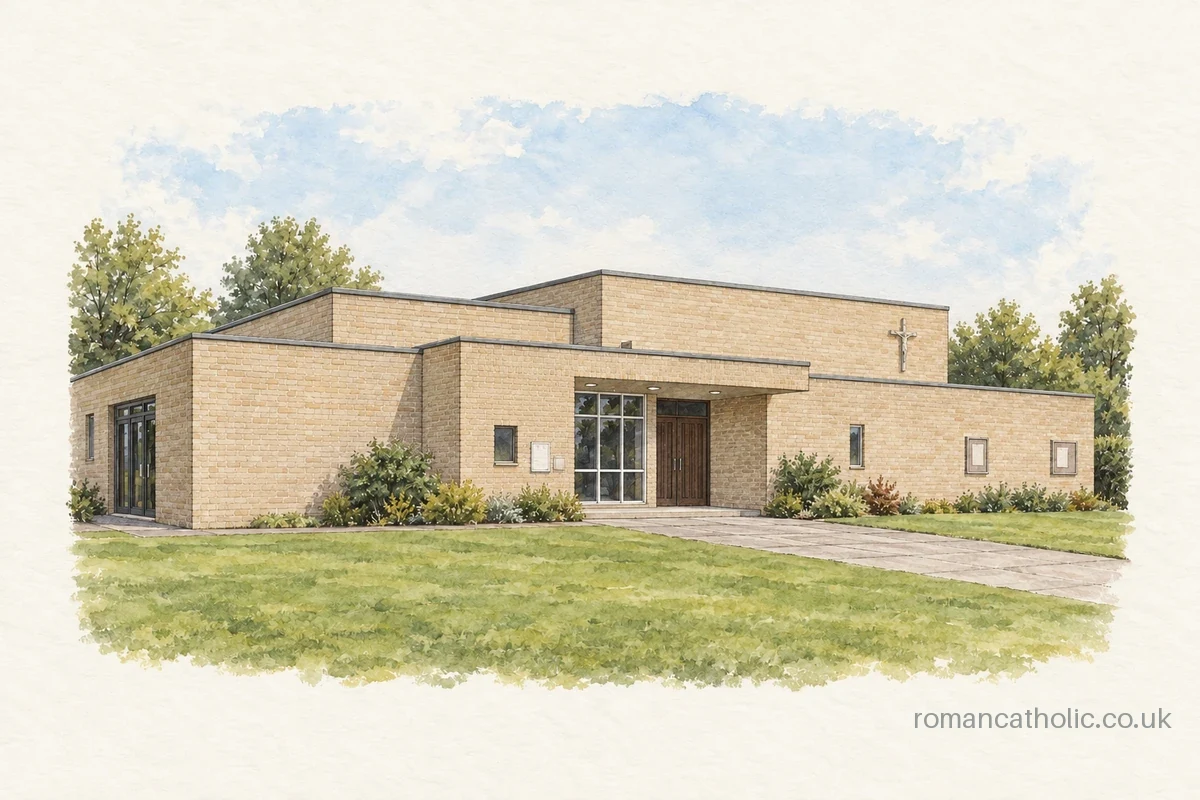 Christ the King in Thornaby, a modern pale-brick church with stepped flat roofs.