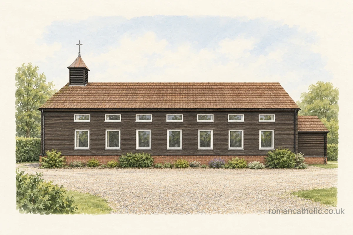 Christ the King Woodcote, a timber church with two rows of windows and a small roof fleche.