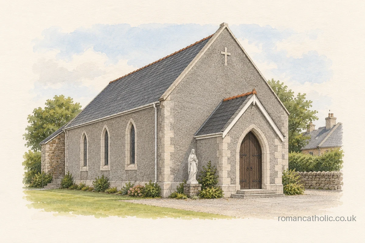 Illustration of Our Lady, Llandovery, with grey roughcast walls, pointed windows and a small gabled porch.