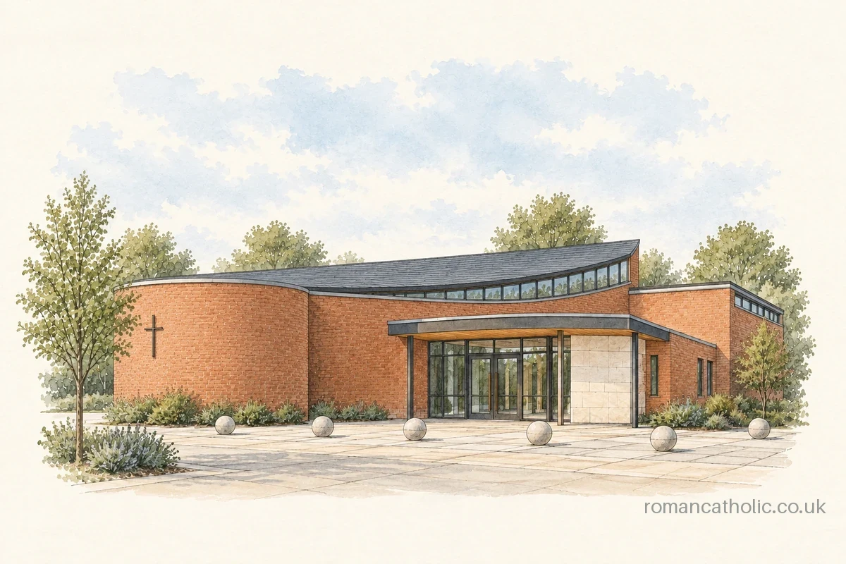 Our Lady and St Vincent, Potters Bar, with its curved brick walls and sweeping roof.