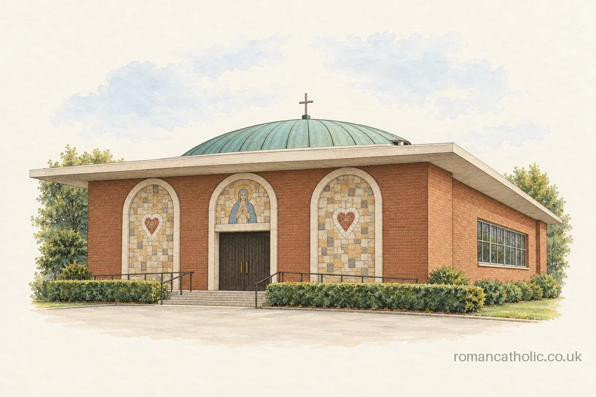Illustration of St Anne, Wrexham, with a verdigris dome above a red-brick facade and three mosaic-infilled arches.