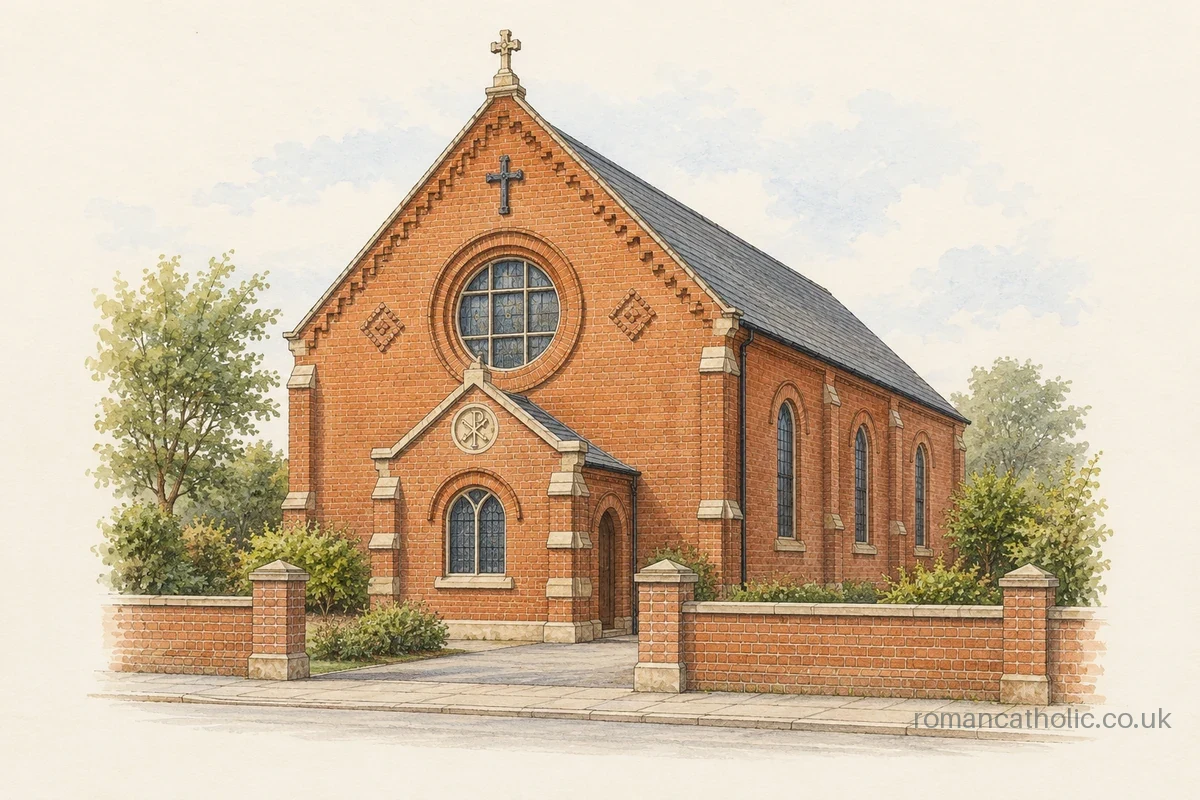 Illustration of St Anthony of Padua, Saltney, with a round gable window and small brick-and-stone entrance porch.