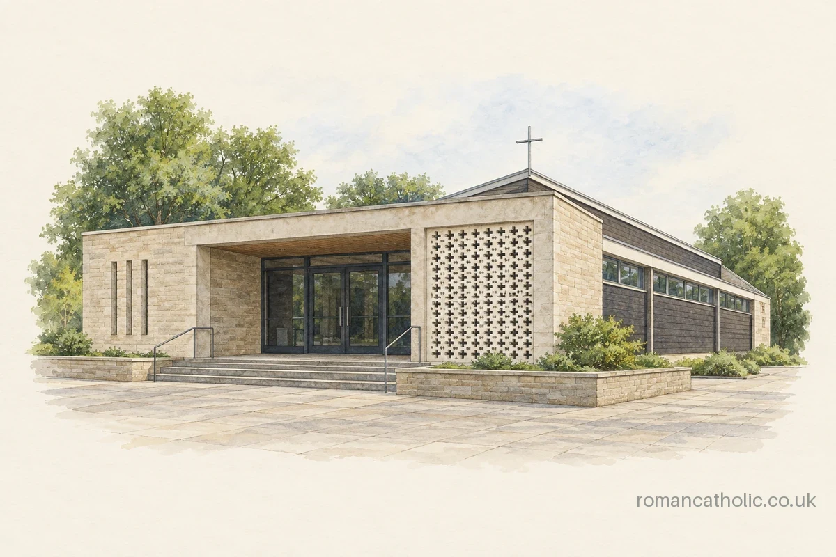 Low stone St Antony church in Henbury with a recessed entrance and patterned concrete screen.