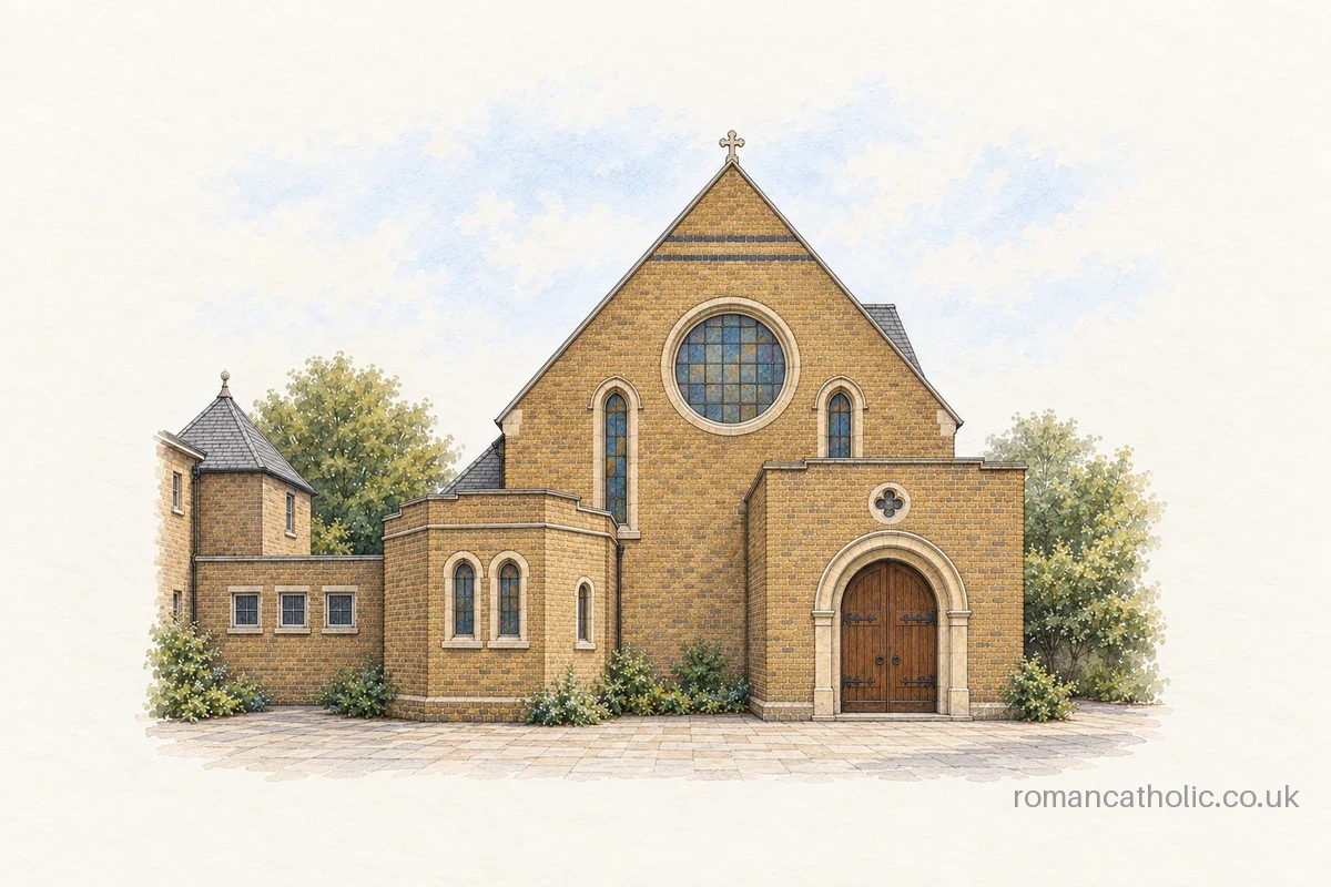 Architectural illustration of St Francis of Assisi Catholic Church in Notting Hill, with its brick gable and courtyard entrance.