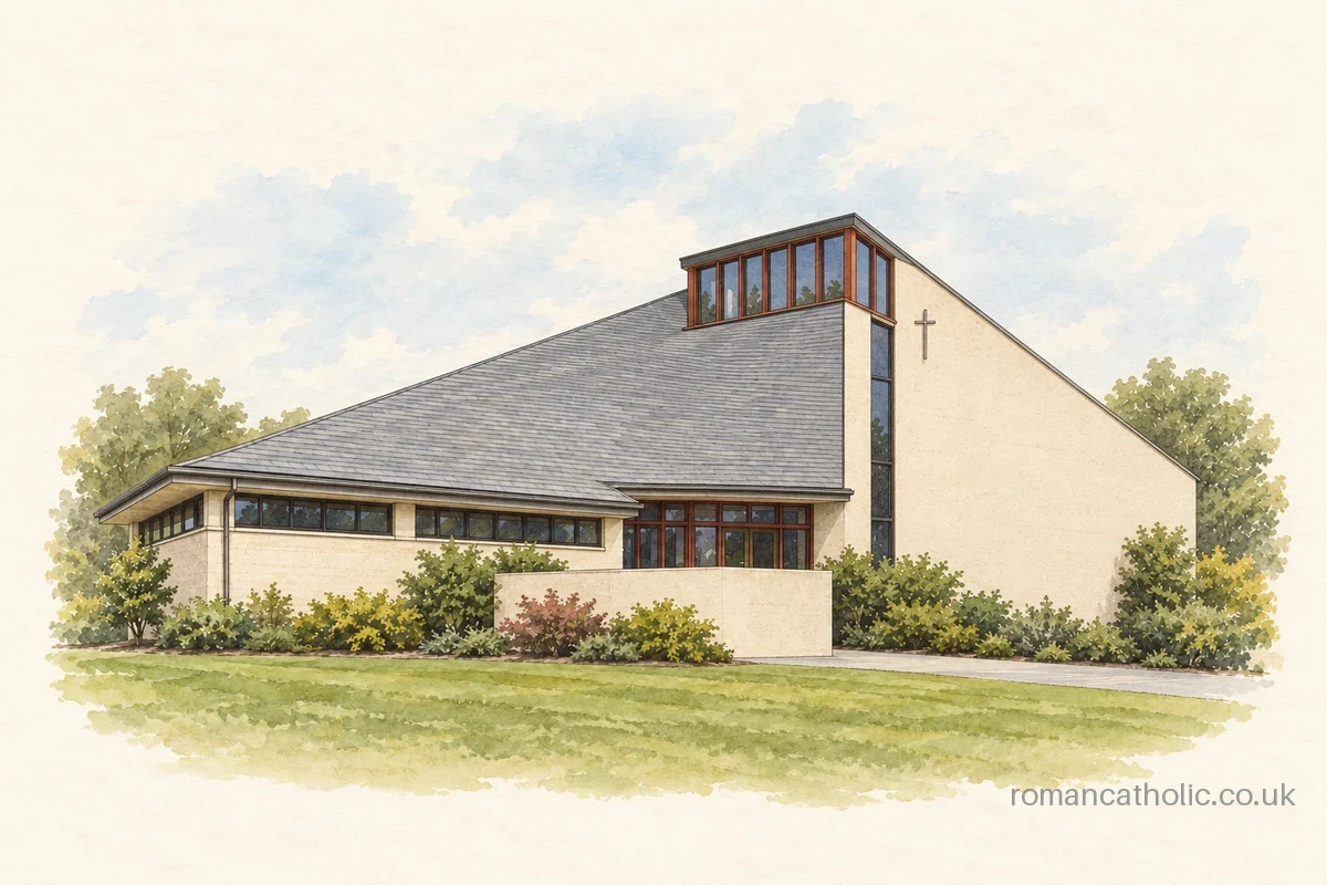 Illustration of St Illtyd, Rhuddlan, with angular cream walls and a raised glazed clerestory.