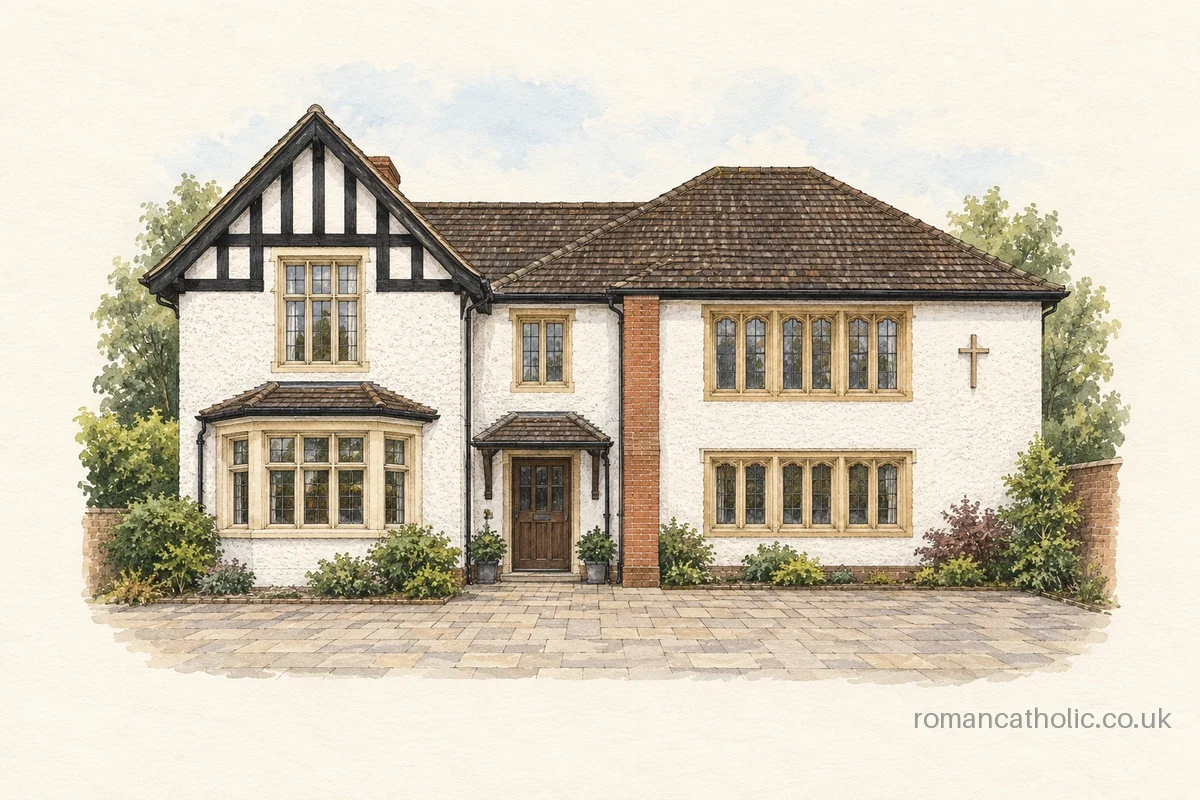 St John Fisher, Chorleywood, in its converted white-rendered house.