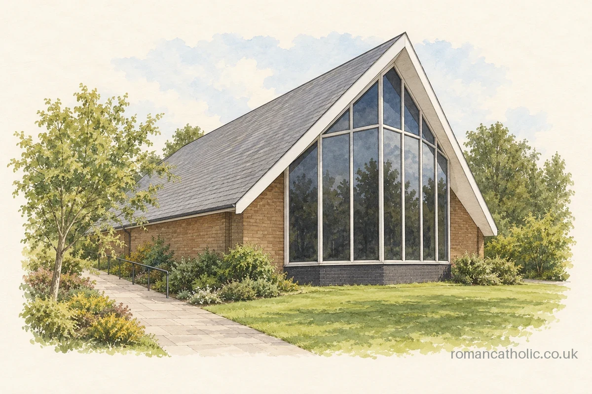 Illustration of St Joseph, Denbigh, with a sharply pitched roof and tall projecting glazed gable.