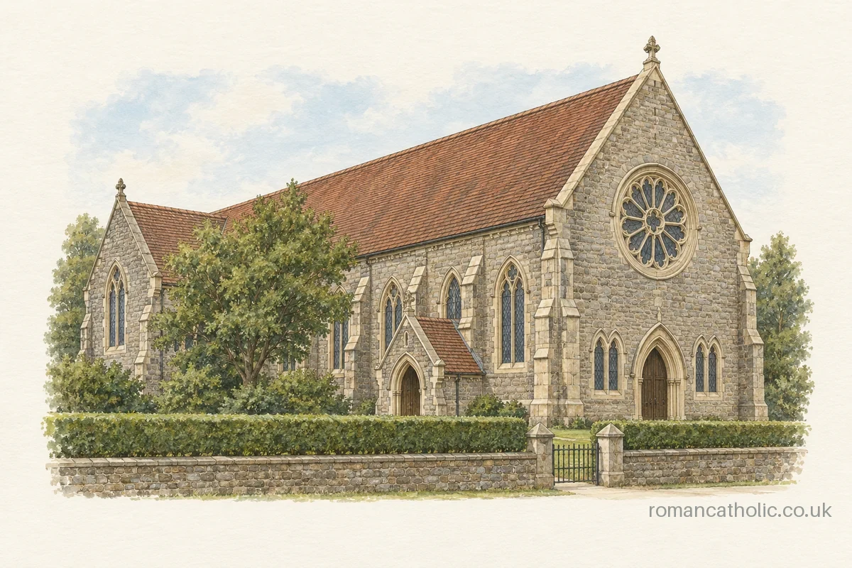 St Joseph church in Fishponds, with a steep tiled roof and round front window.
