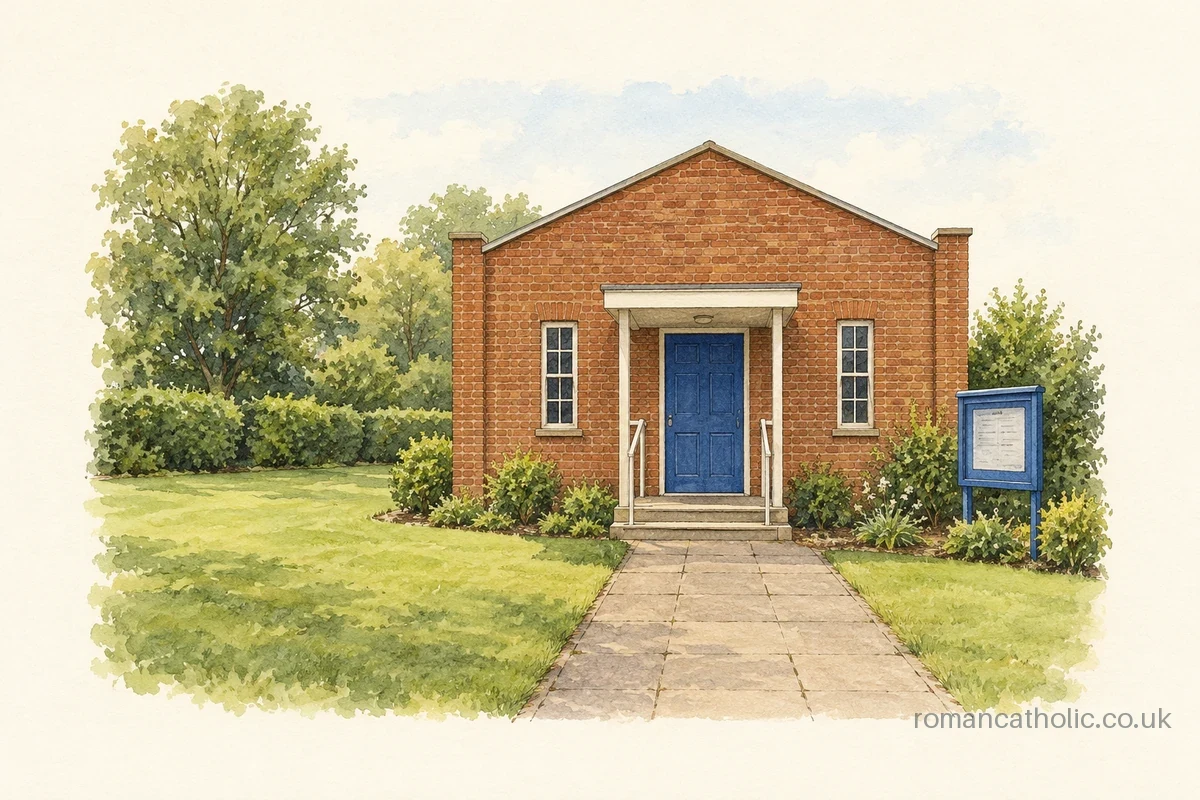 St Joseph at Mile End, Colchester, a small brick chapel with a blue entrance door.