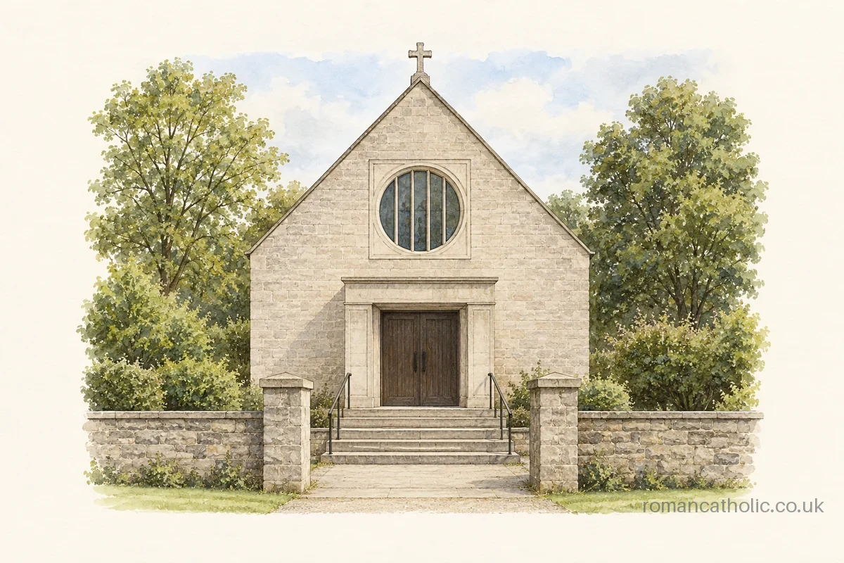 Pale stone gable and round window of St Mary in Swindon.