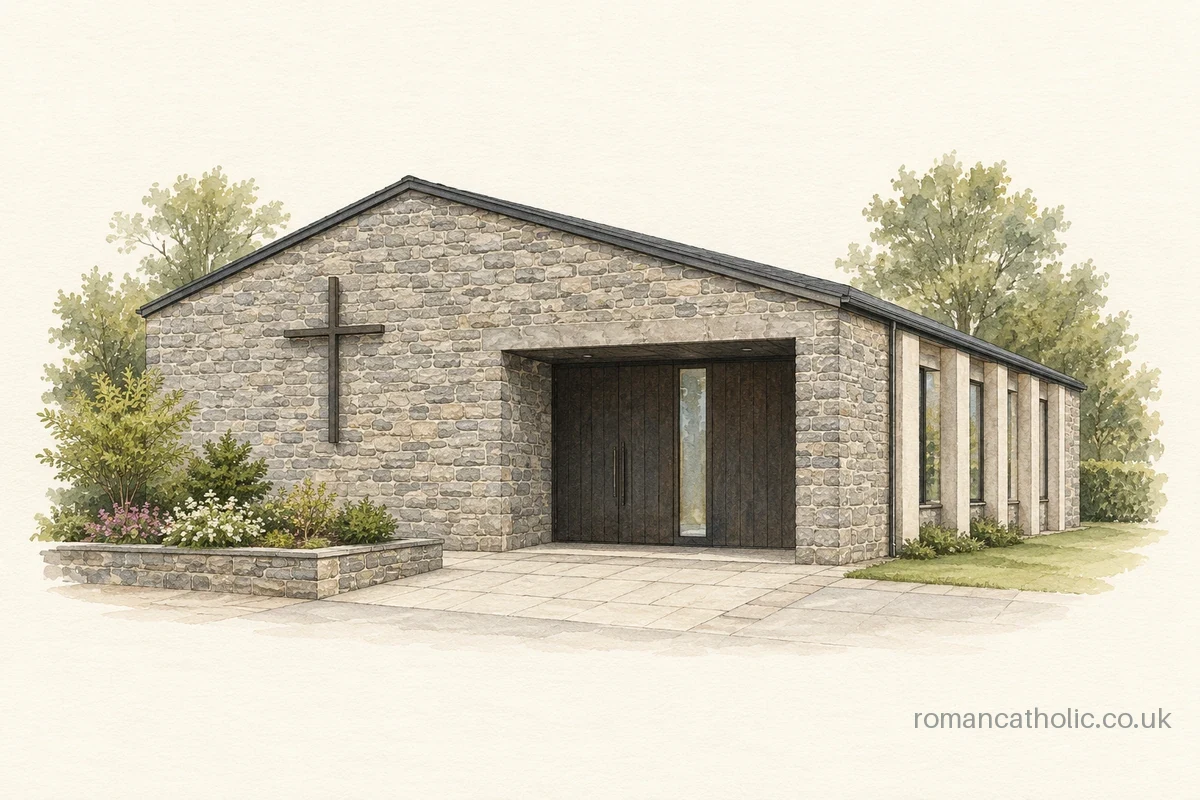 Illustration of St Therese, Rhosneigr, with rough stone walls, a low roof and narrow side window bays.