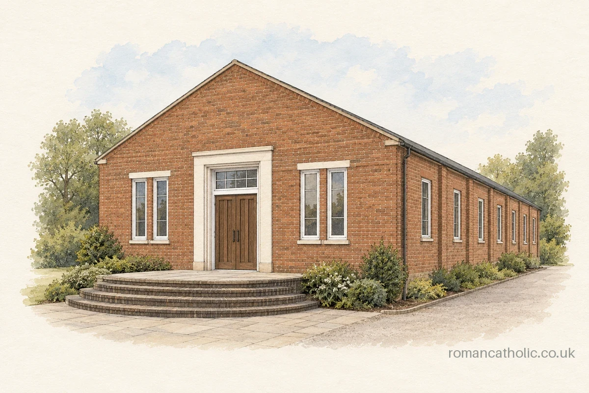 The Annunciation, Netley, with its plain brick gable and white entrance surround.
