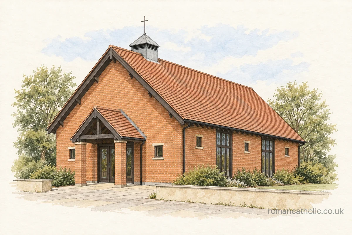 The Good Shepherd church in Haddenham with red-brick walls and steep tiled roof.
