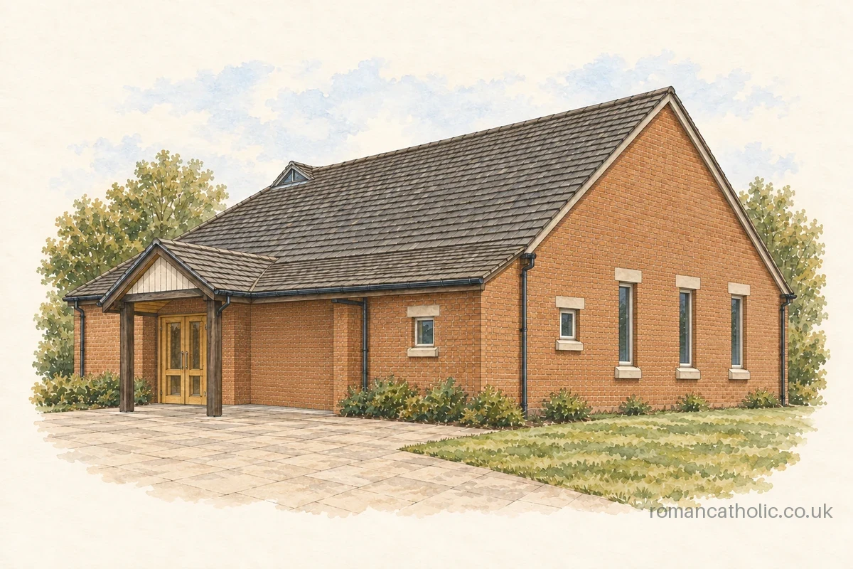 Illustration of Holy Family, Coedpoeth, with red-brick walls, a tiled roof and timber entrance porch.