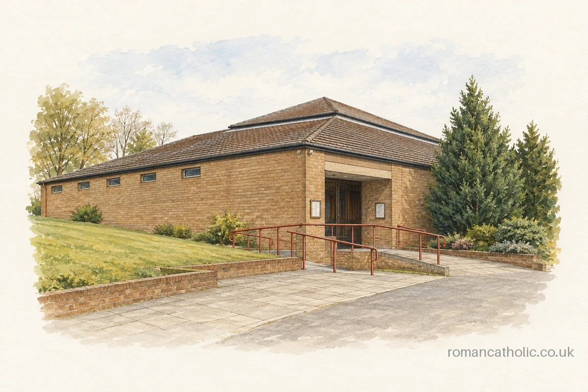 The Holy Spirit church in Dronfield, with a low hipped roof and red entrance railings.