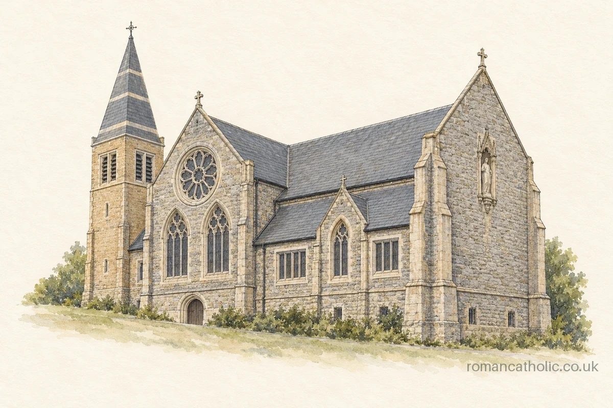 Watercolour and ink illustration of Bournemouth Oratory, showing its banded pyramidal bell-tower roof, Gothic gables and pale stone walls.