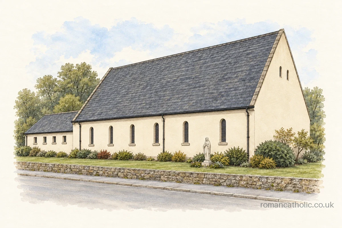 Illustration of Y Bugail Da, Llanrwst, with pale walls, narrow windows and a broad steep slate roof.