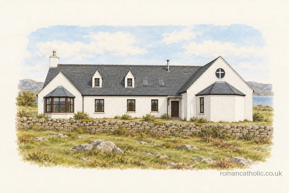 Illustration of Cnoc A Chalmain on Iona, a white house of prayer with slate roofs, dormers and a chapel gable bearing a cross window.