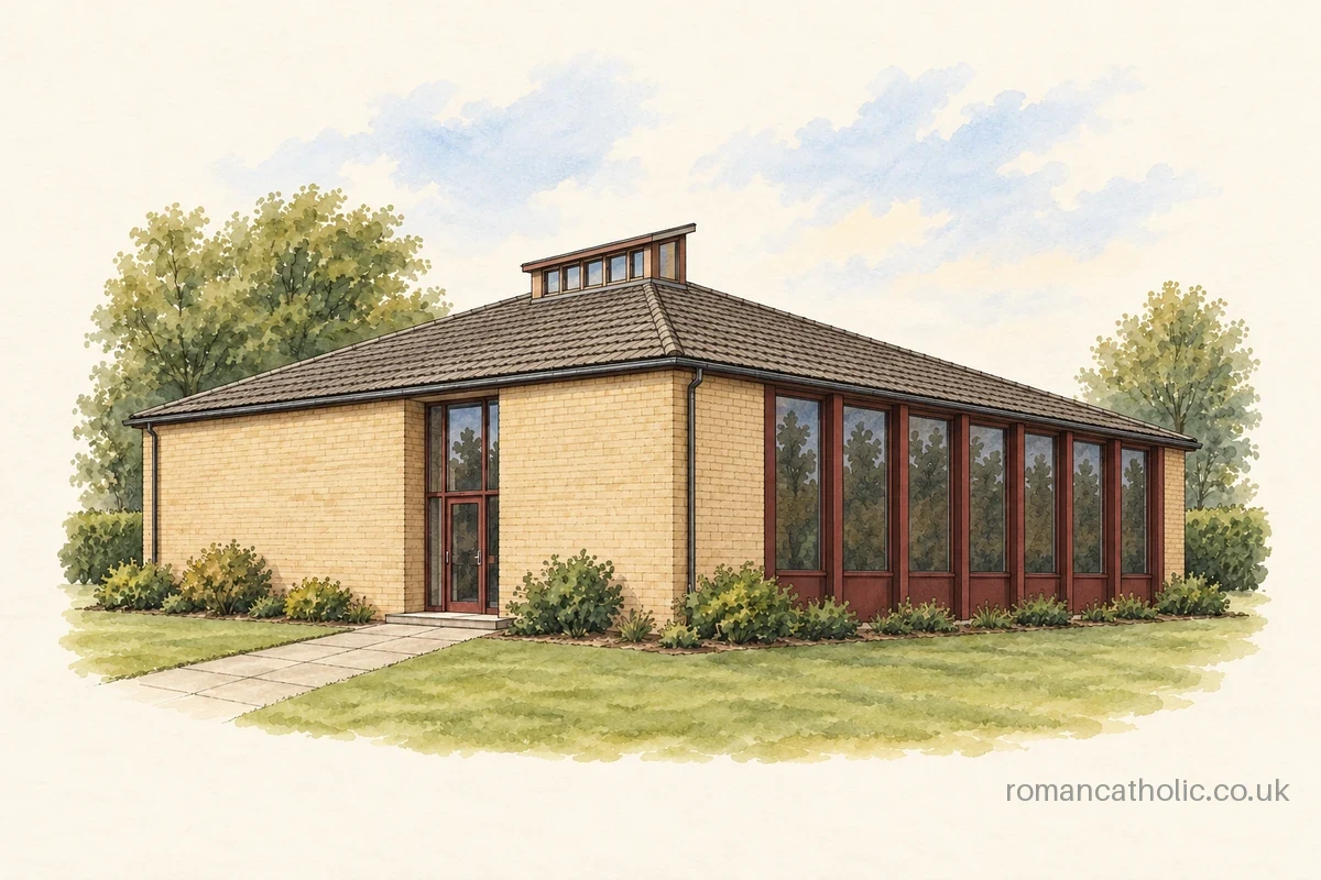 Illustration of Corpus Christi, Rainford, with a low hipped roof and small clerestory.