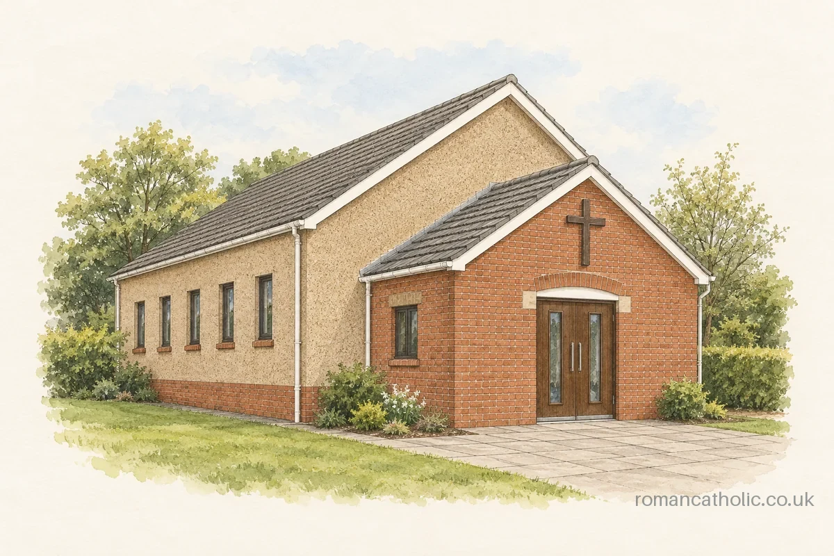 Illustration of Holy Cross, Pontyberem, with a red-brick porch and dark cross before a pebble-dashed nave.