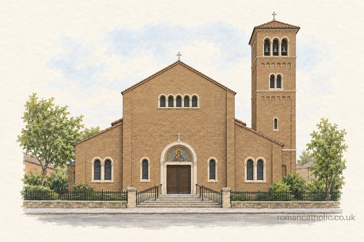 Brick Romanesque church with mosaic entrance and tall square campanile.