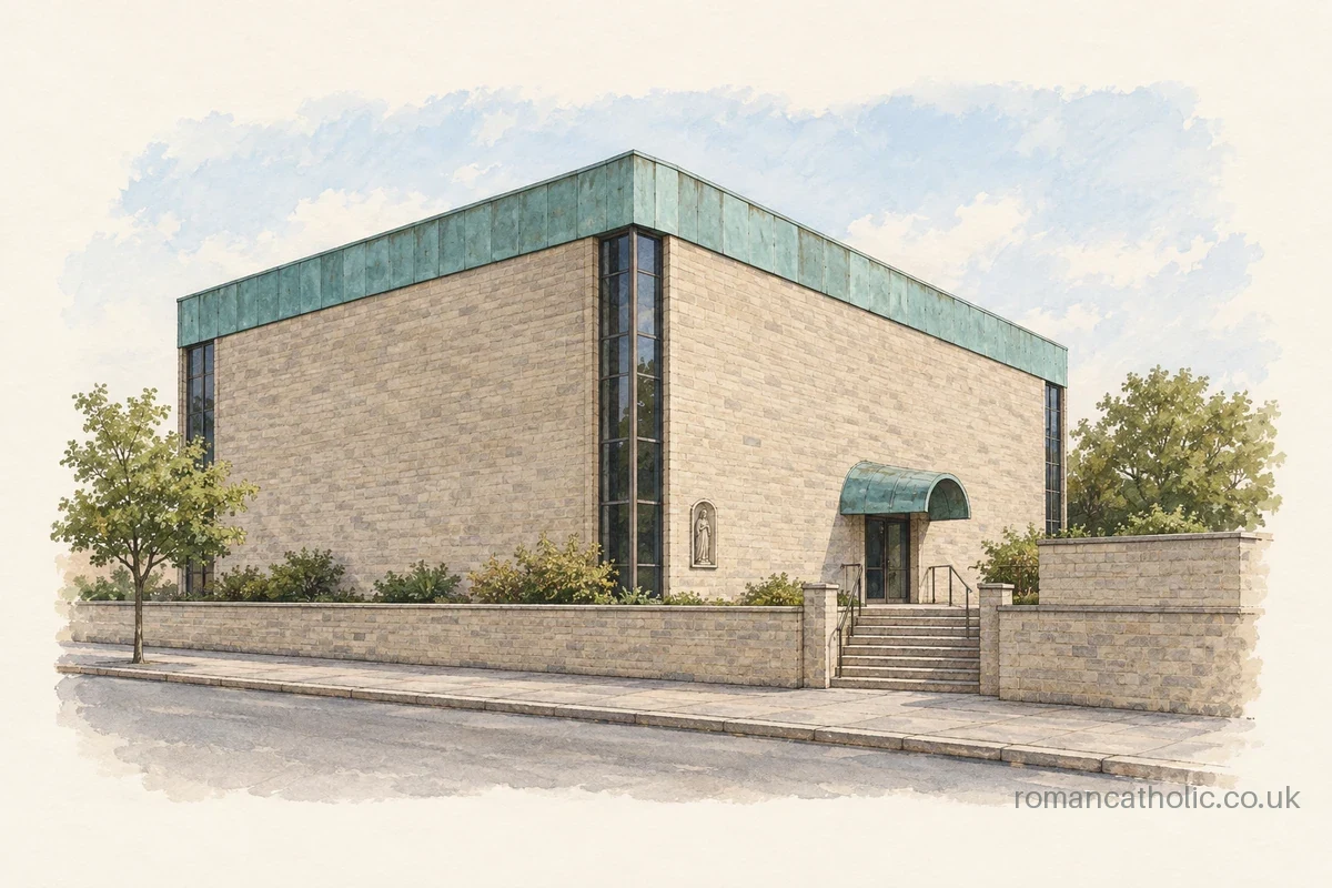 Flat-roofed modern stone church with copper fascia, corner glazing and a small curved entrance canopy.