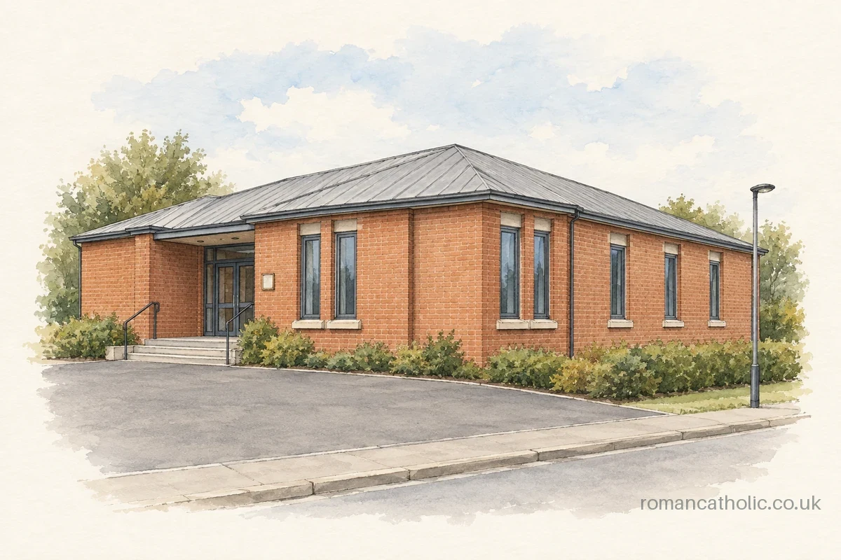 Low red brick church with an angular grey roof and tall narrow rectangular windows.