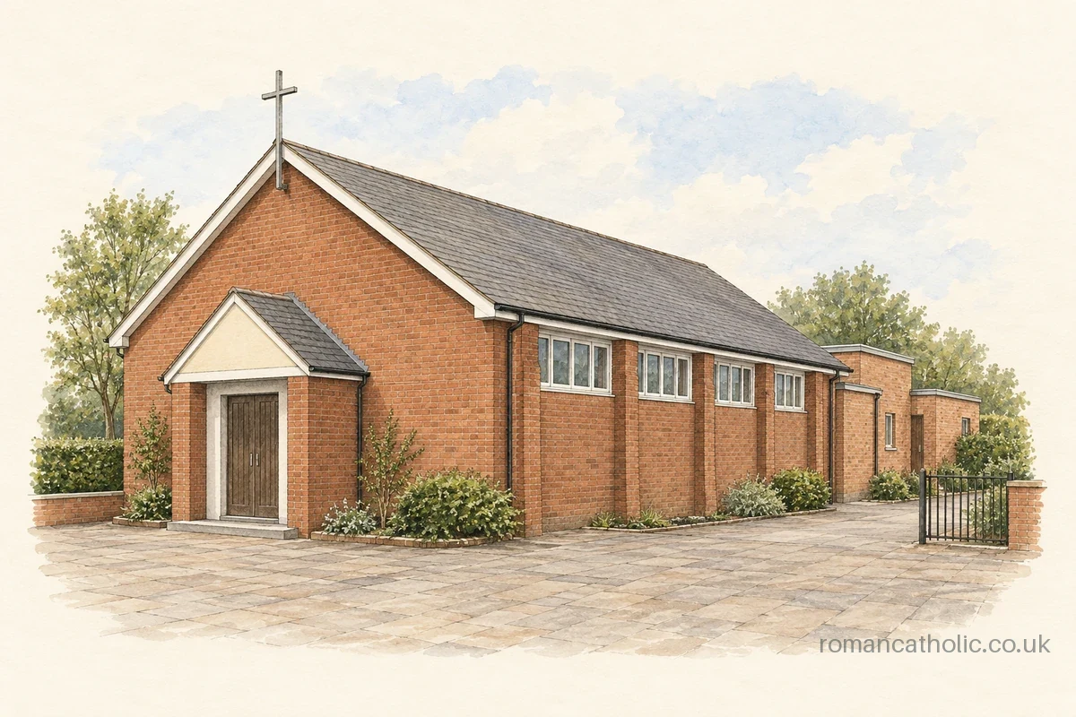 Holy Apostles in Norwich, a modest brick church with a projecting gabled porch.