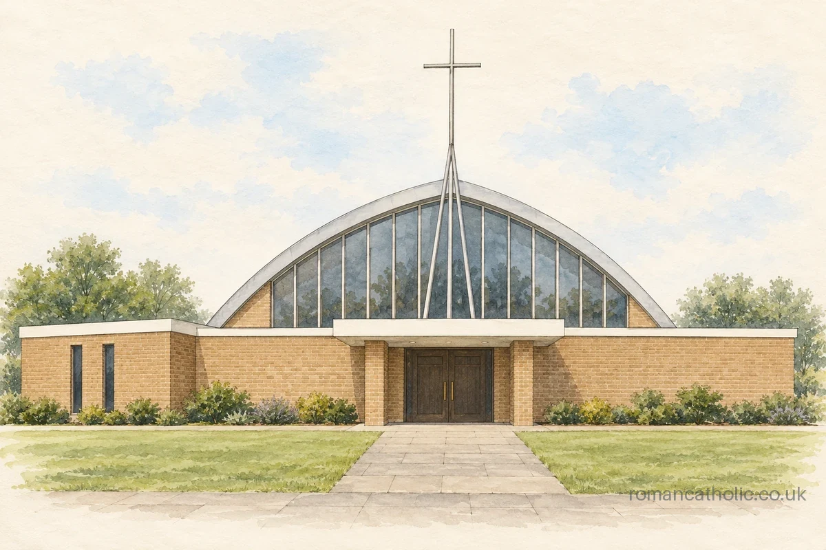 Watercolour and ink illustration of Holy Cross church in Bedford, showing its pointed curved roof, glazed front and slender metal cross.