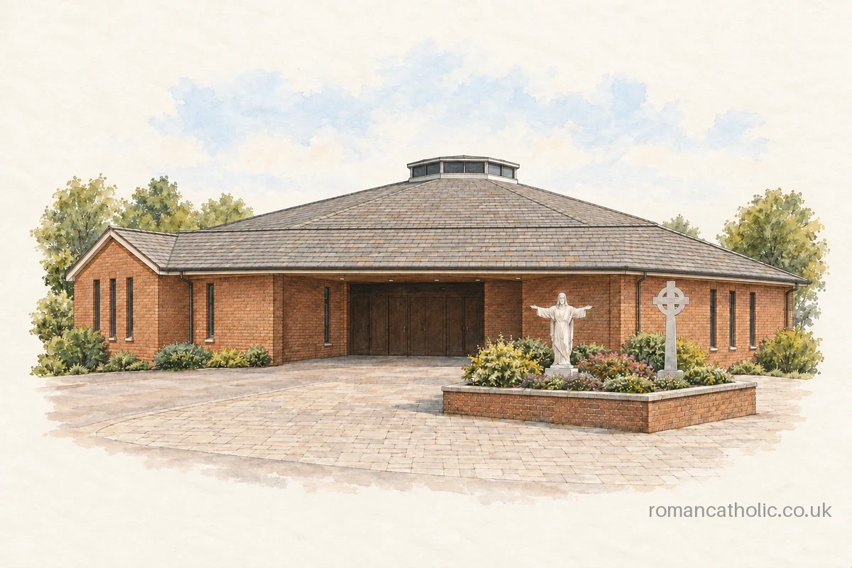 Illustration of Holy Cross, Gendros, with a broad hipped roof, glazed lantern and forecourt statue and cross.