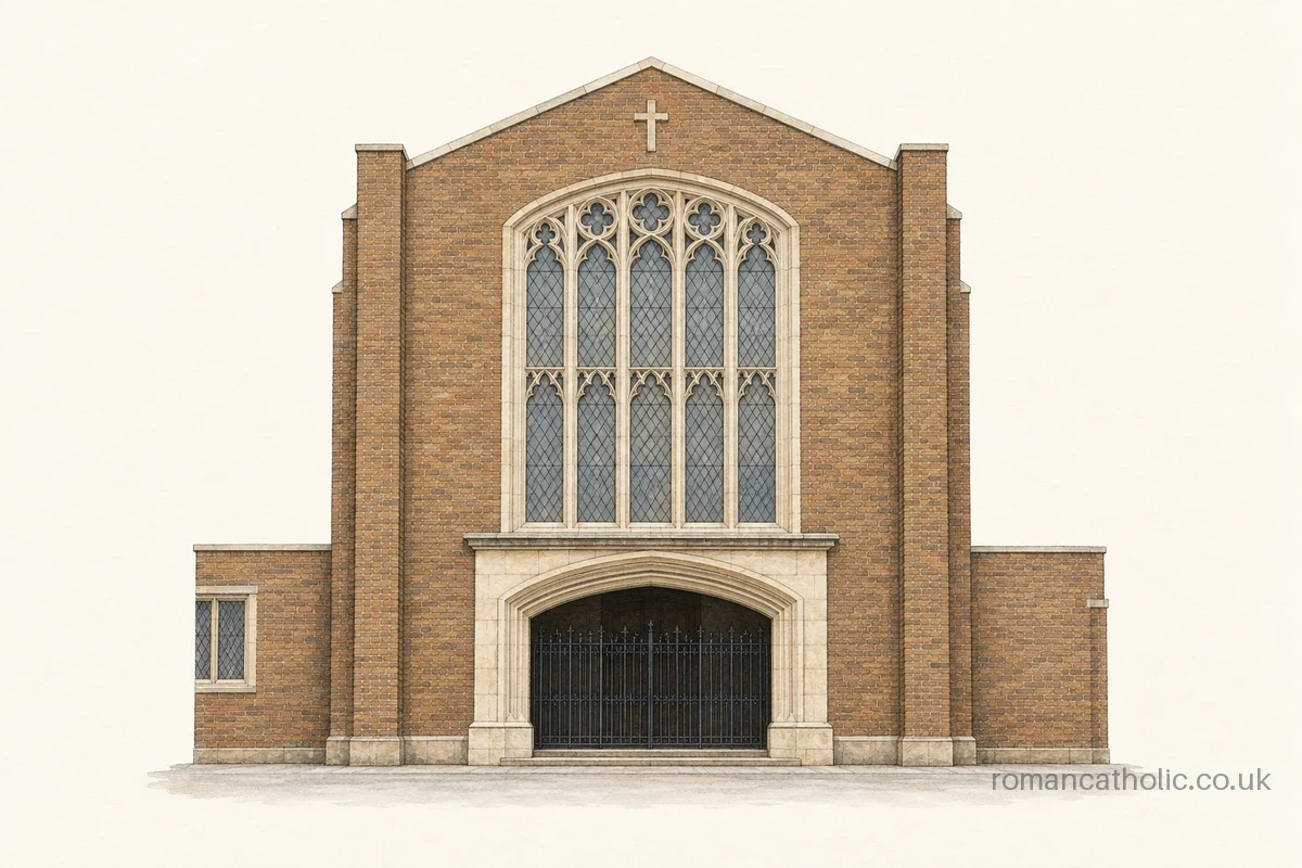 Architectural illustration of Holy Cross Catholic Church in Leicester, showing its broad five-light front window and recessed entrance.