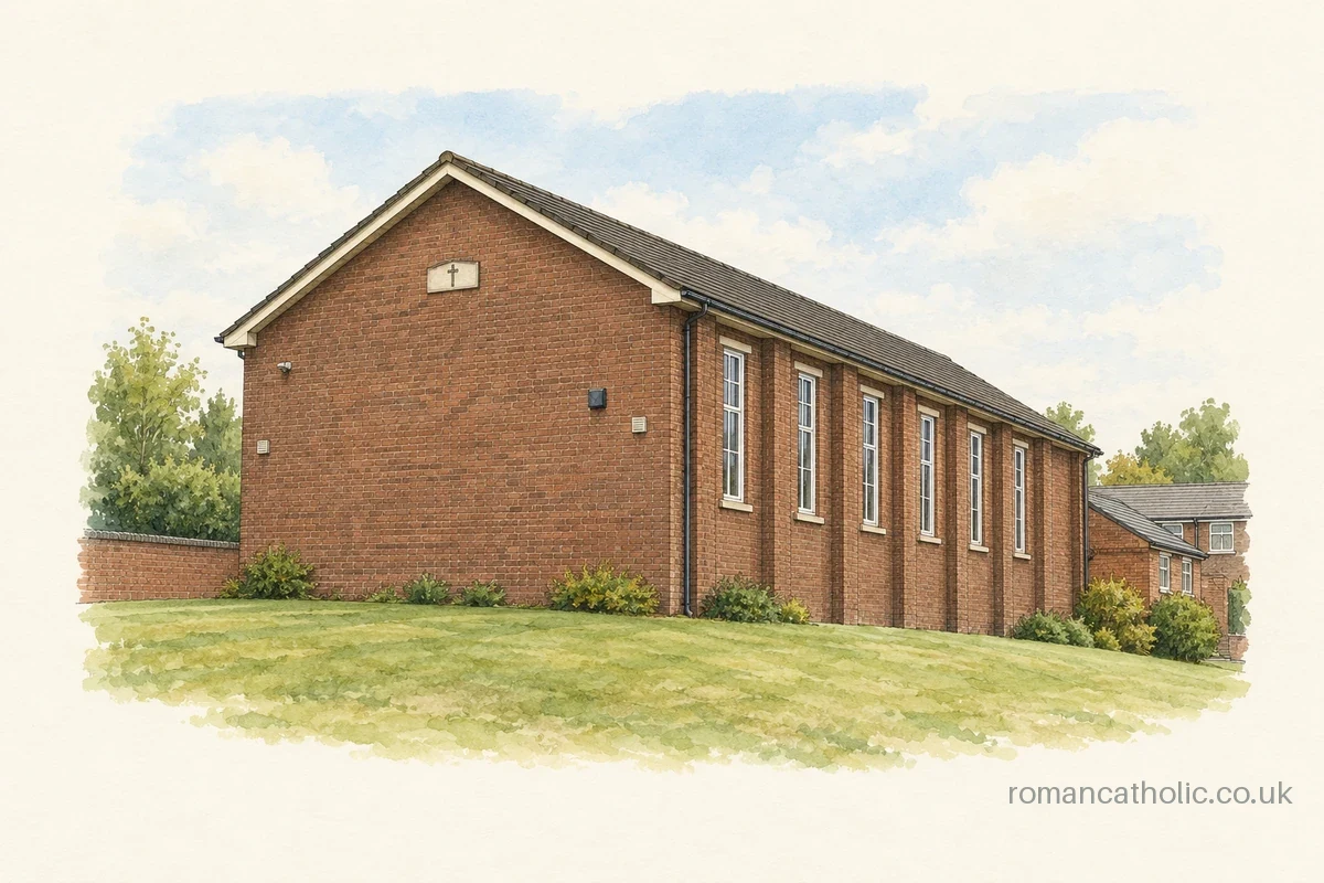 Holy Family in Arbourthorne, a plain brick church with a blank gable and tall side windows.