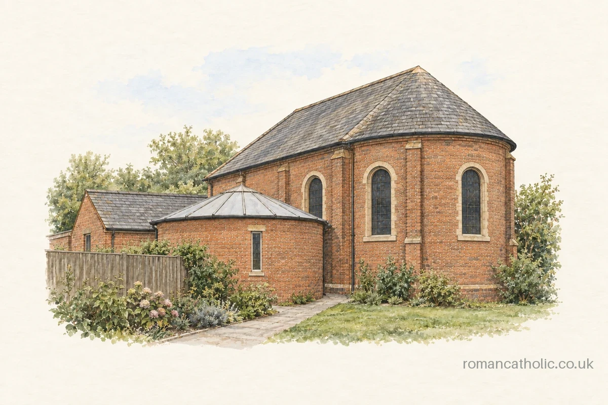 Holy Family Bewdley, with its rounded brick chapel and low circular extension.