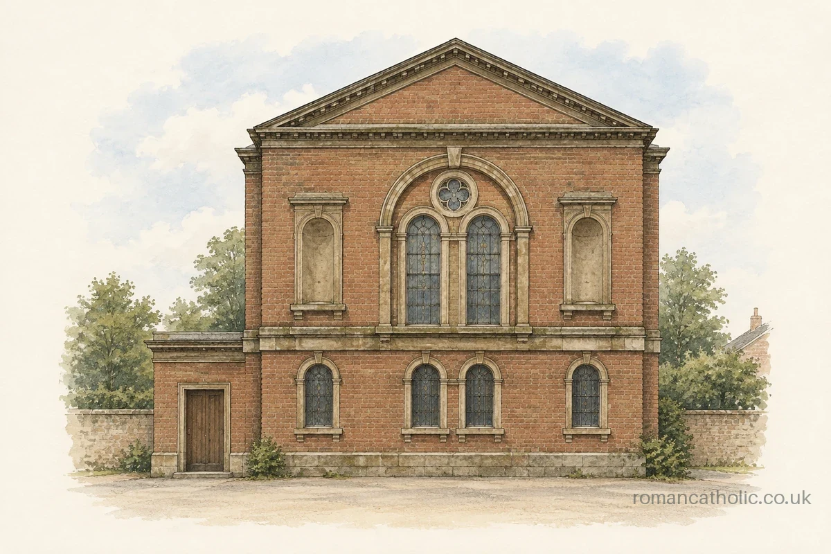 Illustration of Holy Family, Ince Blundell, with a classical pediment and tall paired arched windows.